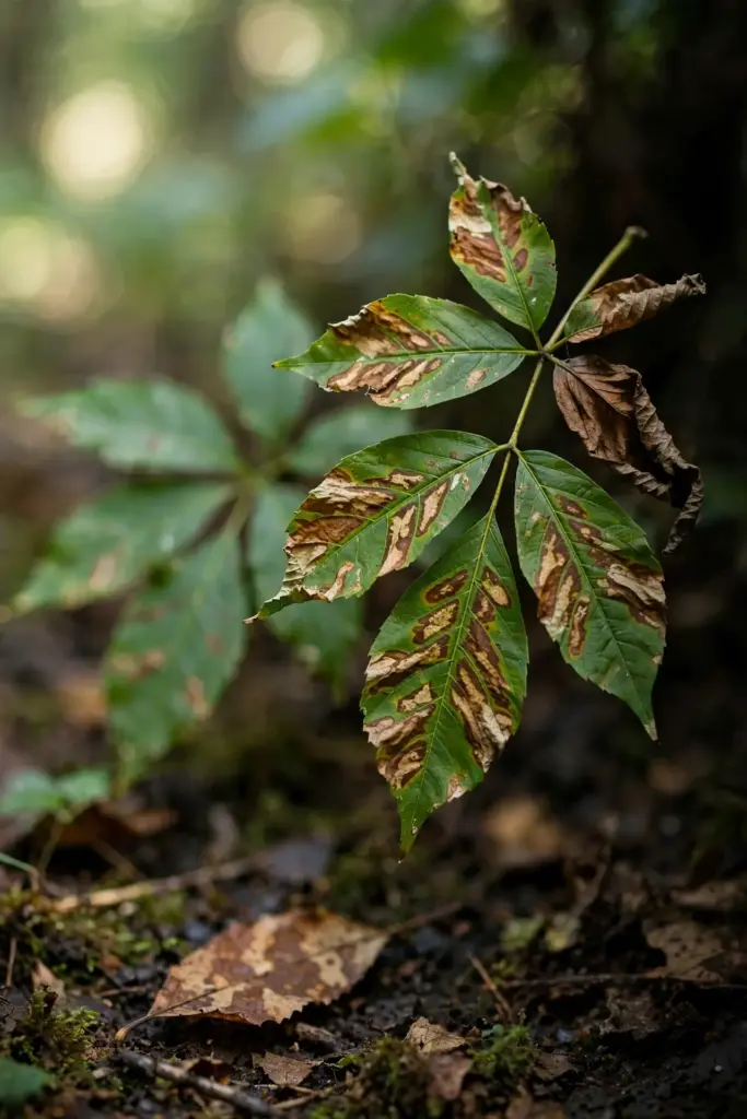 Ash leaflets with tan anthracnose blotches and distortion along the veins.