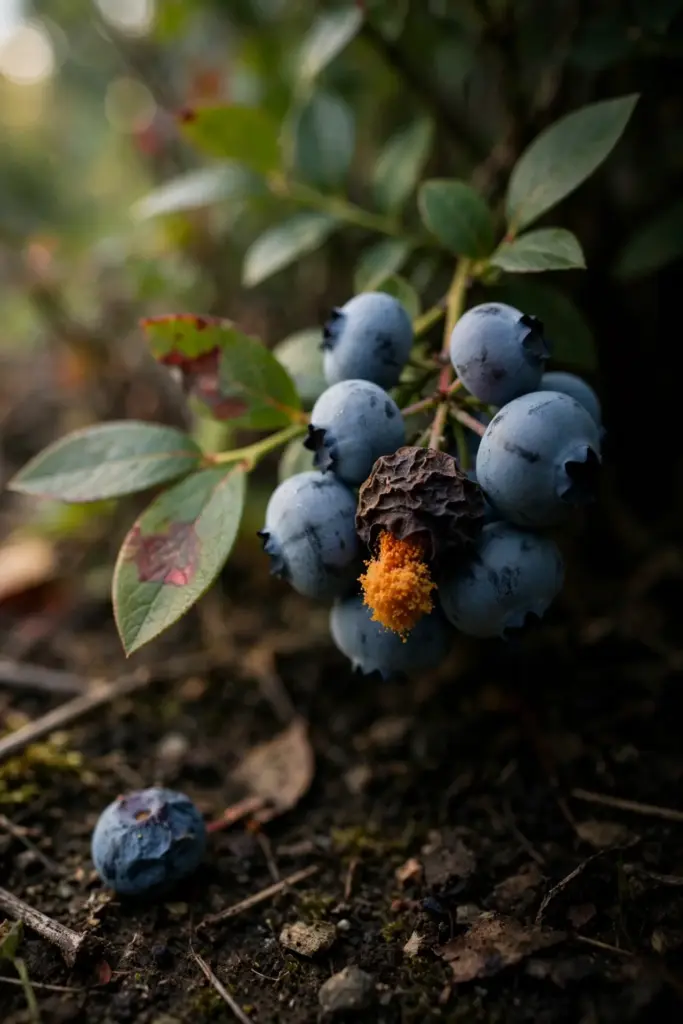 Blueberry cluster with one rotted berry oozing orange spores beside sound berries.