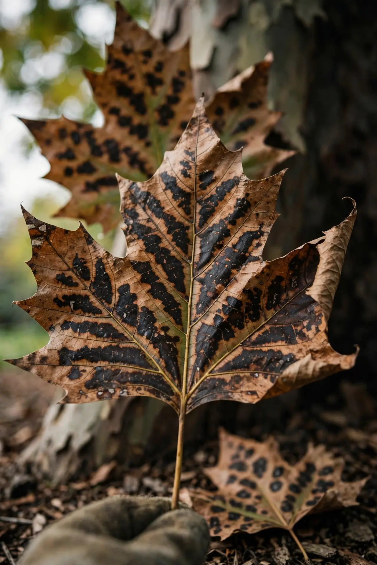 Sycamore leaf with brown anthracnose blotches along the veins, steadied by a worn garden mitt