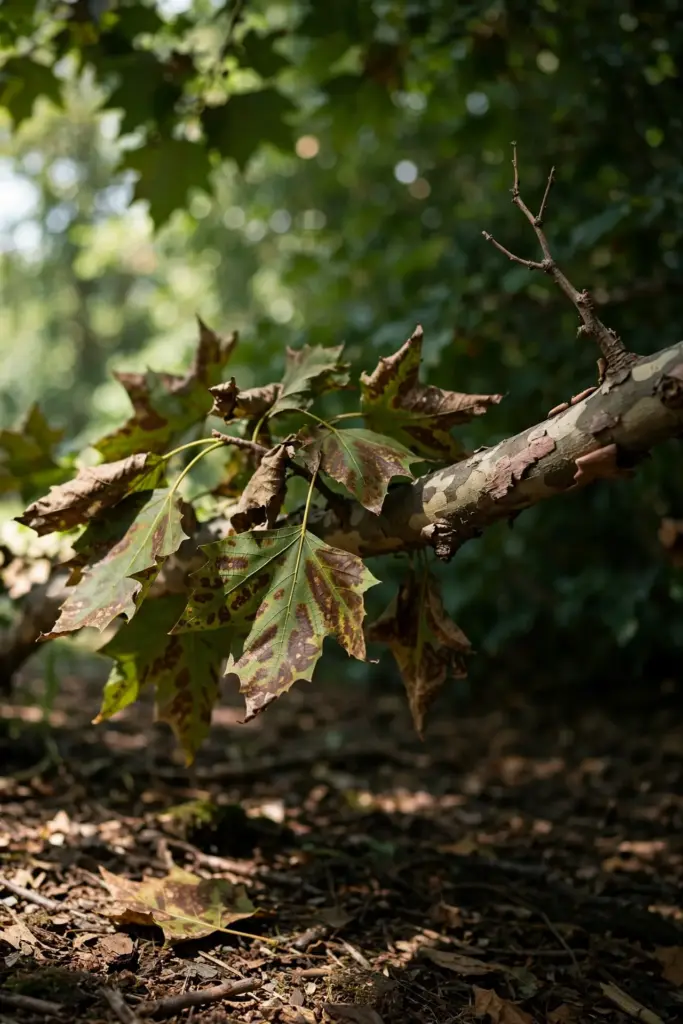 Lower sycamore branch with blotched leaves and one bare twig tip.