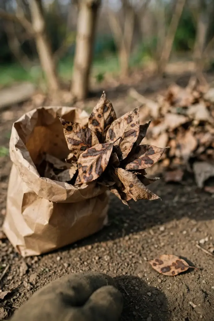 Worn garden mitt holding blotched fallen leaves over a paper bag for disposal.