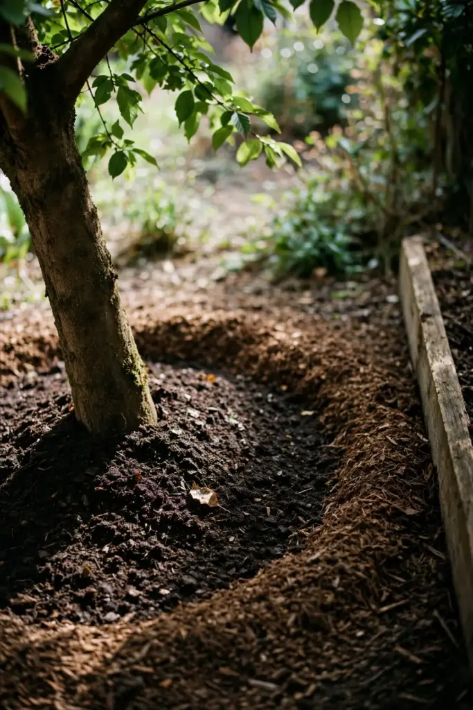 Mulched tree base with finished compost spread under the canopy.