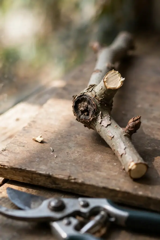 Freshly cut sycamore twig end beside a cankered twig and pruning shears.