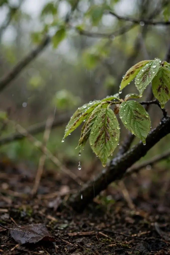 Rain-wet shade tree canopy with water drops on young blotched leaves.
