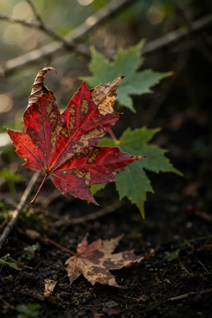Maple leaf with brown anthracnose blotches bordered by veins.