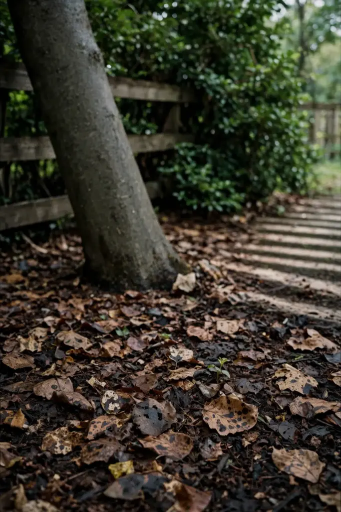 Shaded tree base with a thick mat of fallen blotched leaves under it.