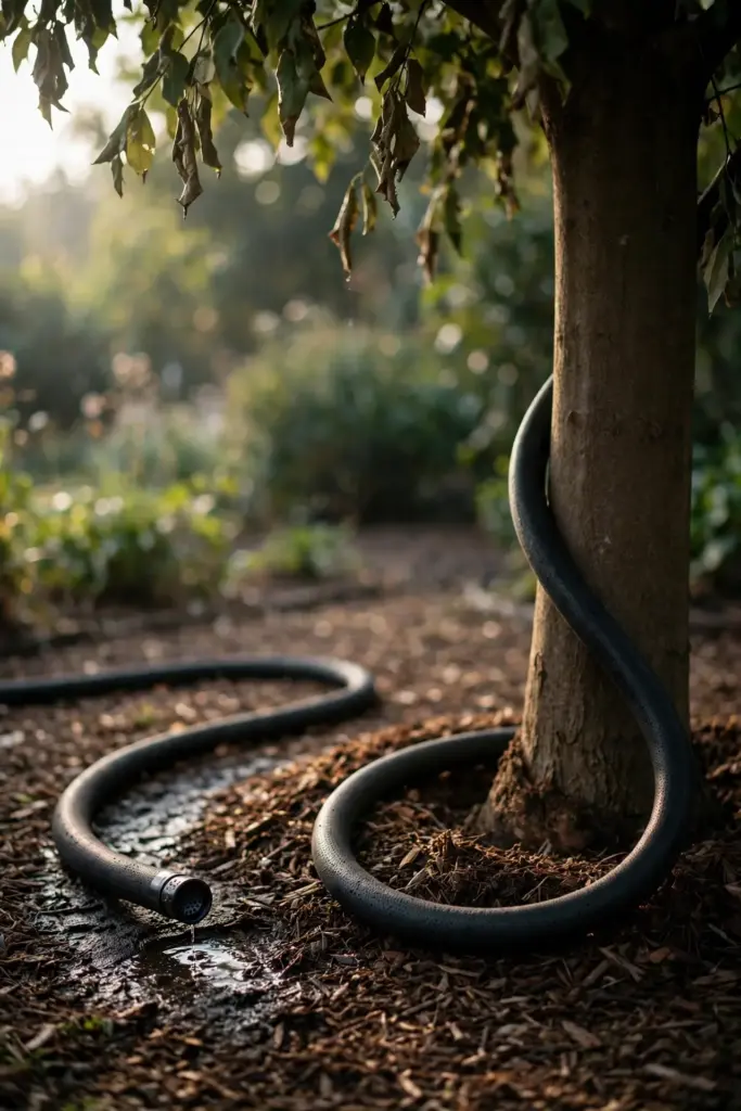 Soaker hose winding around a mulched tree base with dry leaves above.