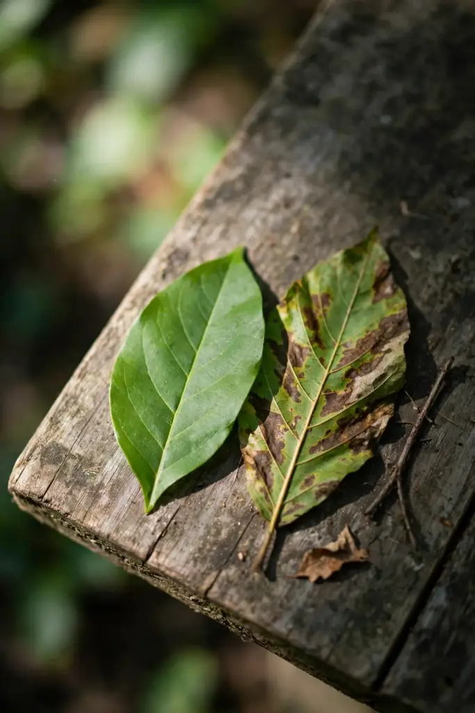 Sound green leaf beside a blotched anthracnose leaf for comparison.