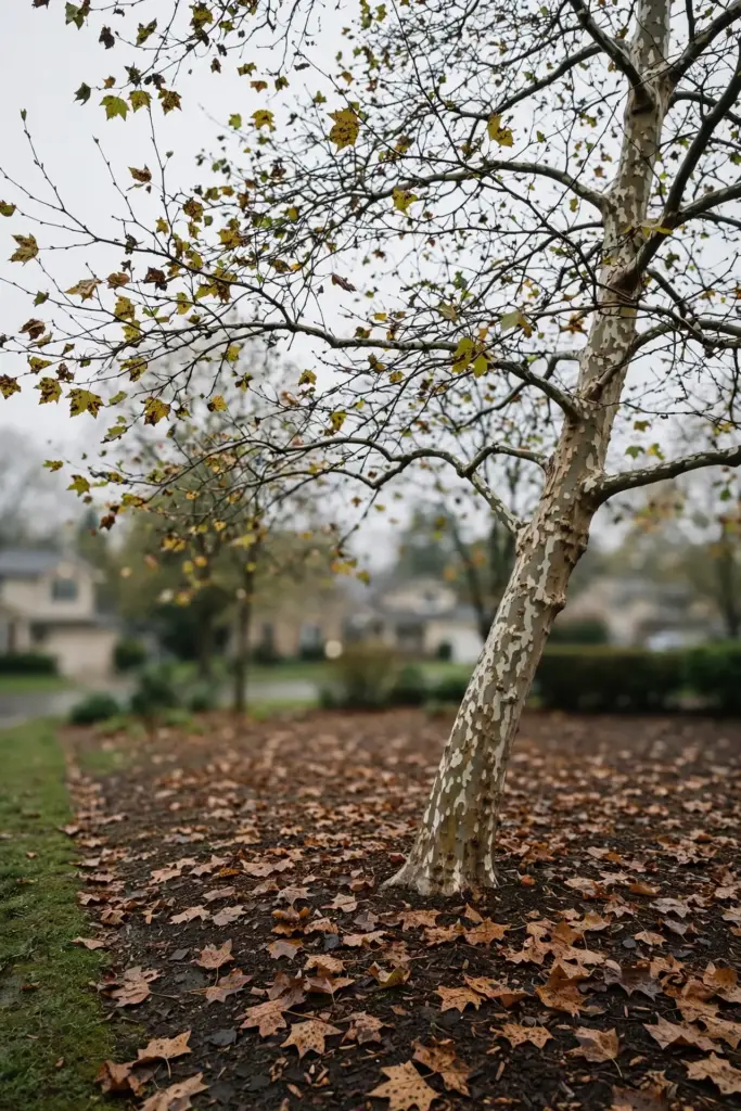 Sycamore with a thin defoliated canopy after a wet spring anthracnose outbreak.