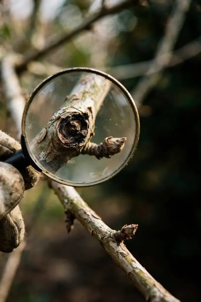 Magnifier over a sycamore twig showing a dark canker and a dead bud.