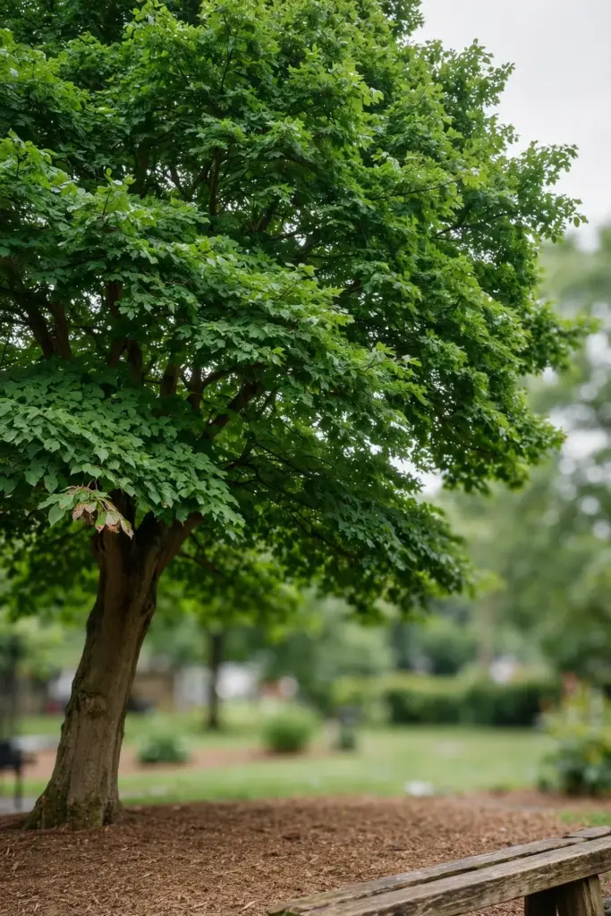 Thriving shade tree with a full green canopy in a home yard.