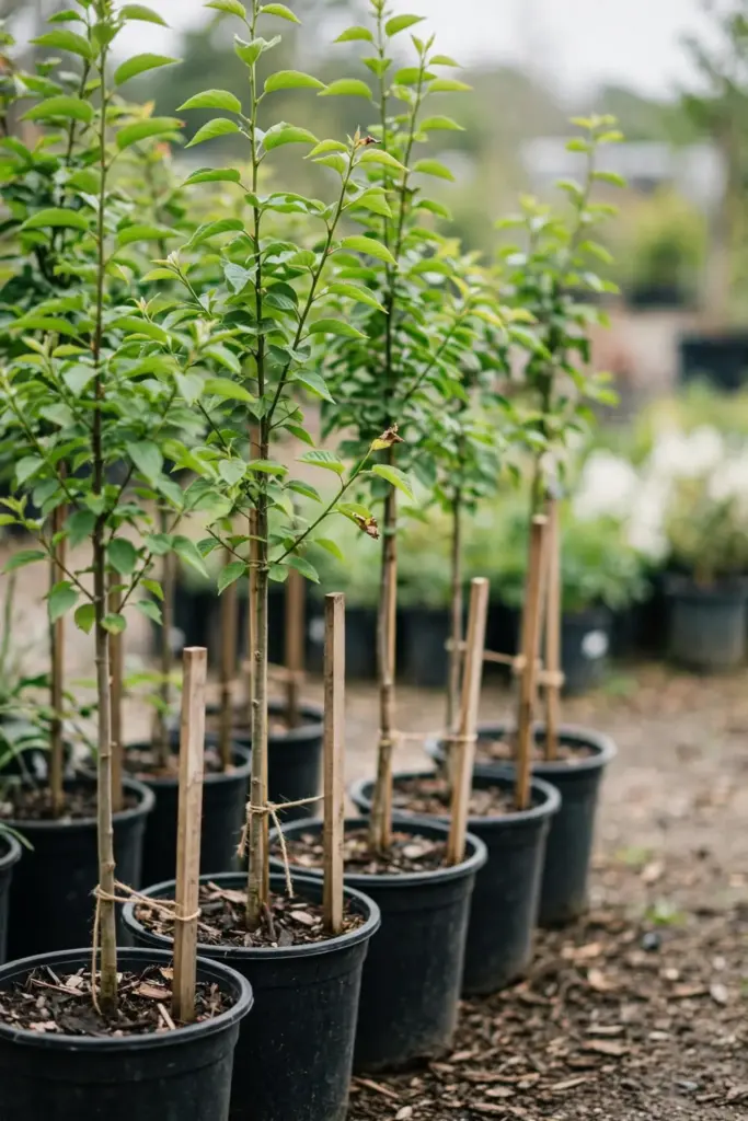 Young nursery trees in a row with clean leaves and mulch rings.