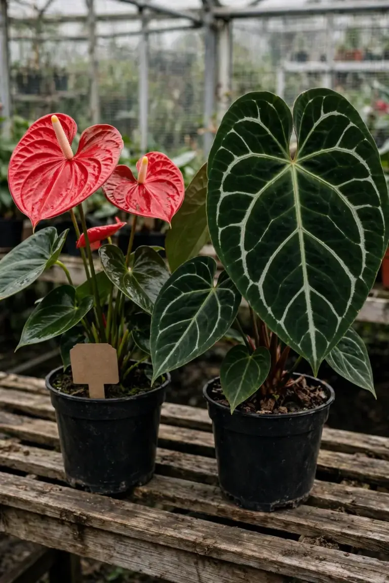 Flowering red anthurium beside a silver-veined Anthurium crystallinum for comparison