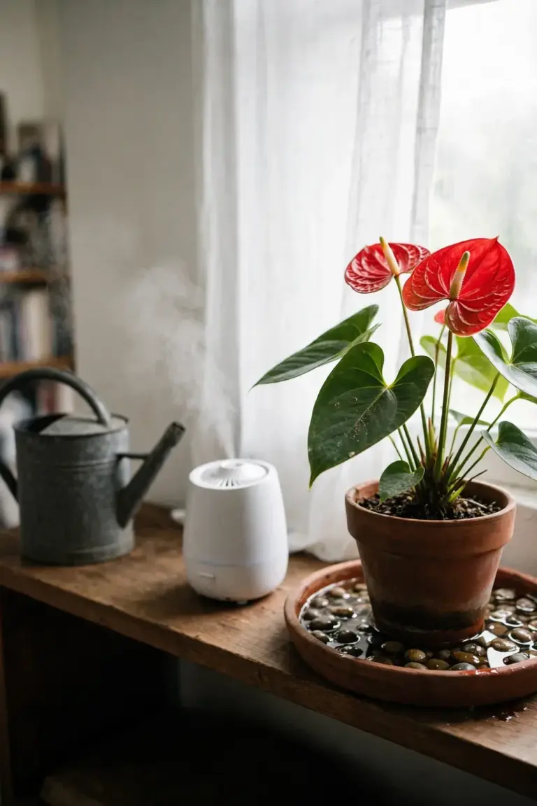 Anthurium care station with a humidifier, pebble tray and watering can beside the pot