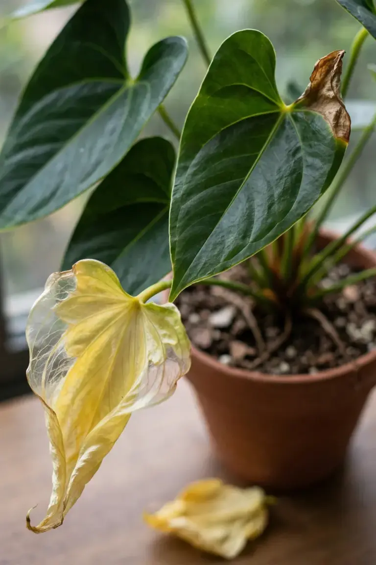 Anthurium leaf with yellowing lower foliage and brown papery leaf tips