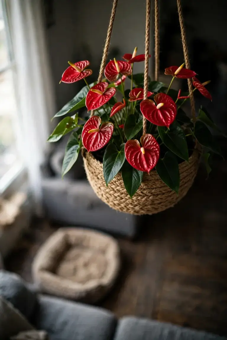 Anthurium in a hanging basket high above a living room floor, out of pet reach