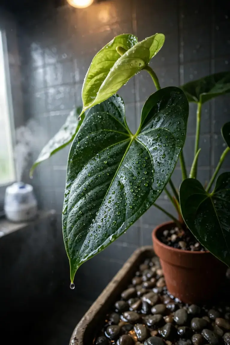 Anthurium leaves beaded with moisture on a pebble tray above water