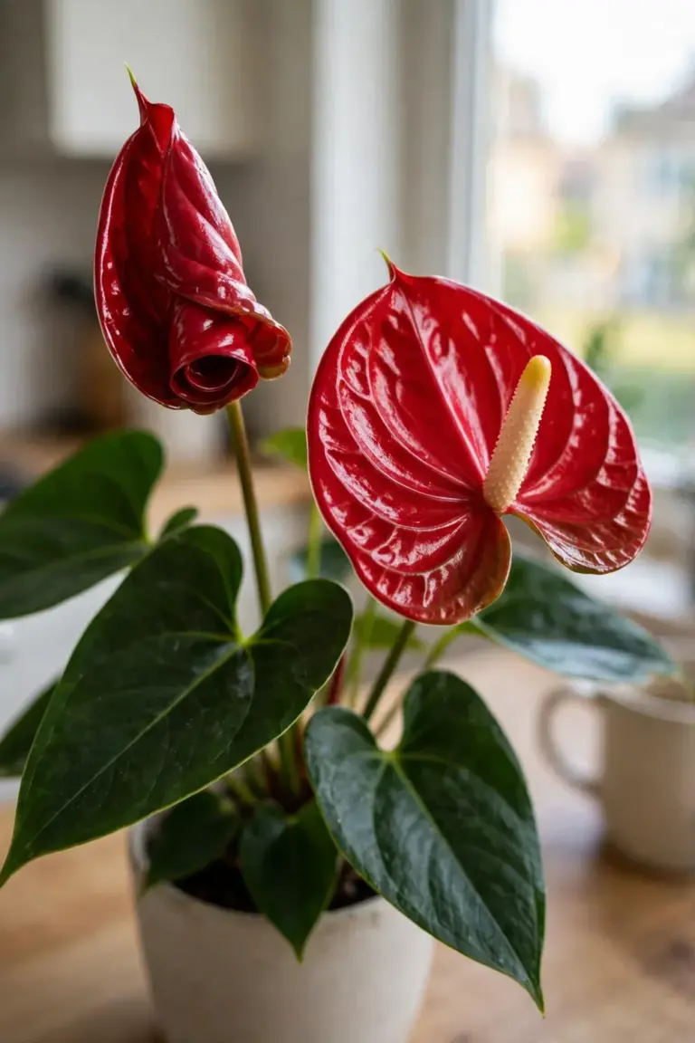 Owner's anthurium with a fresh red spathe unrolling beside a mature bloom