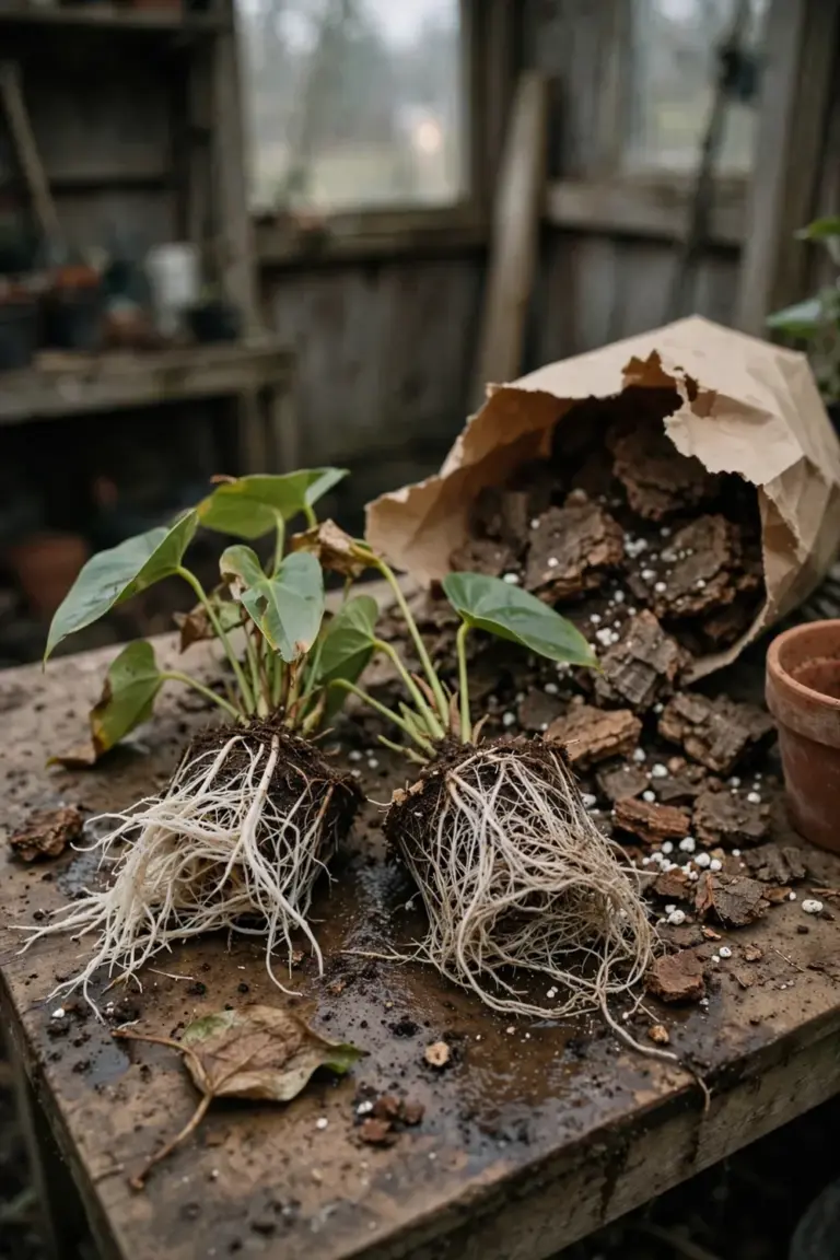 Anthurium root ball divided into two clumps beside a larger empty pot