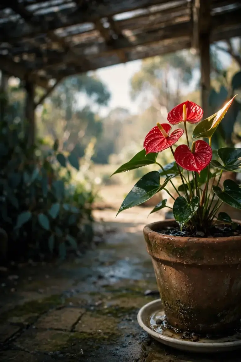 Potted anthurium on a shaded patio in warm weather with an east-facing aspect