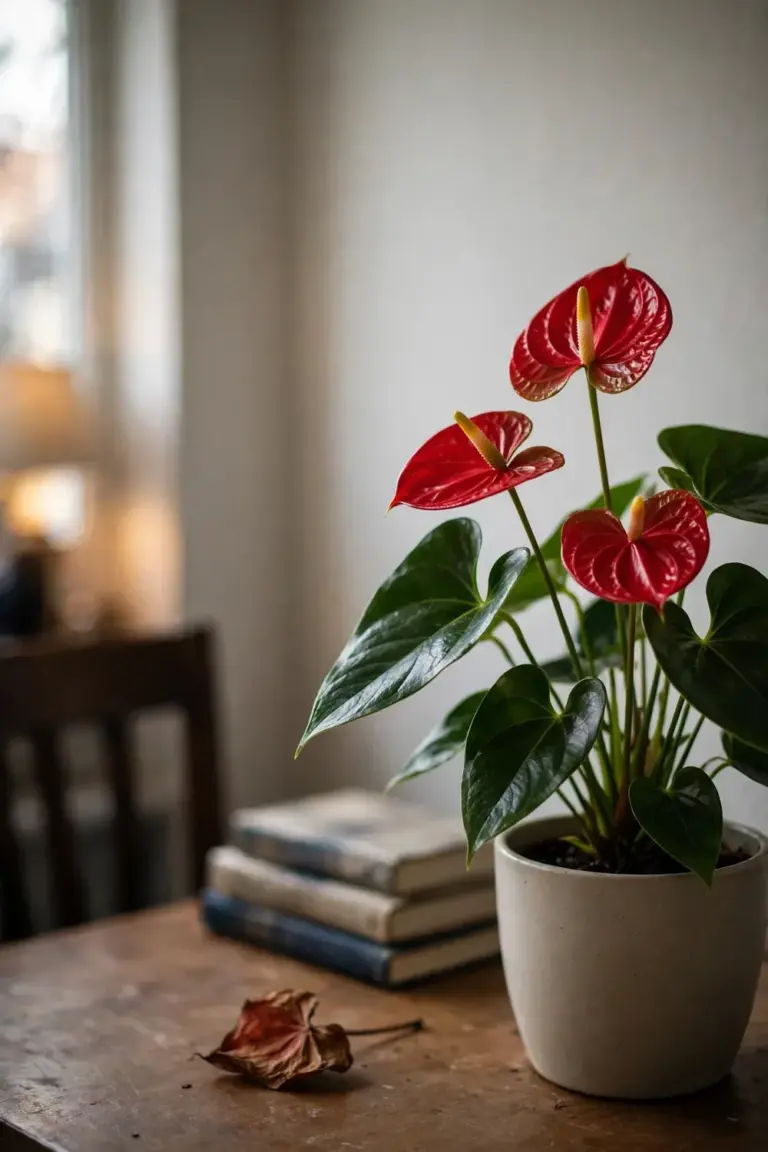 Healthy anthurium with red blooms in a ceramic pot in a bright living room corner