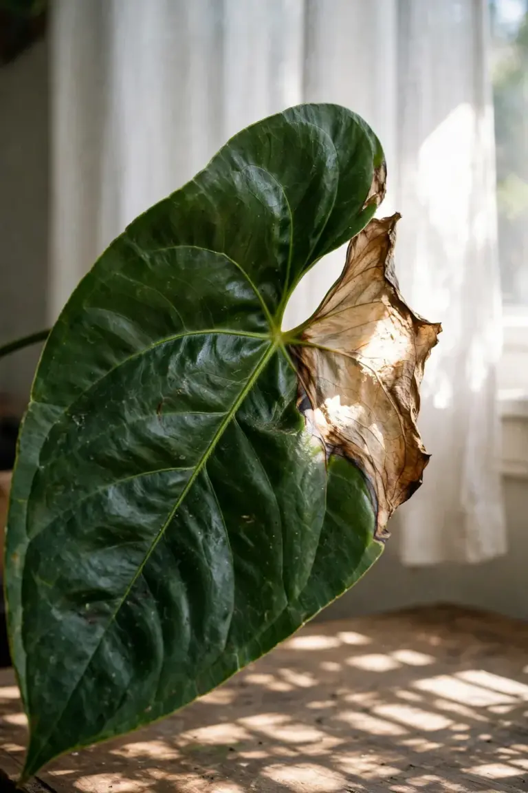 Anthurium leaf with bleached scorch patches from direct afternoon sun