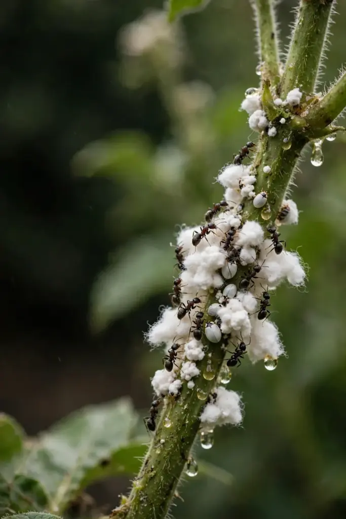 Ants tending a mealybug colony on a stem with honeydew droplets