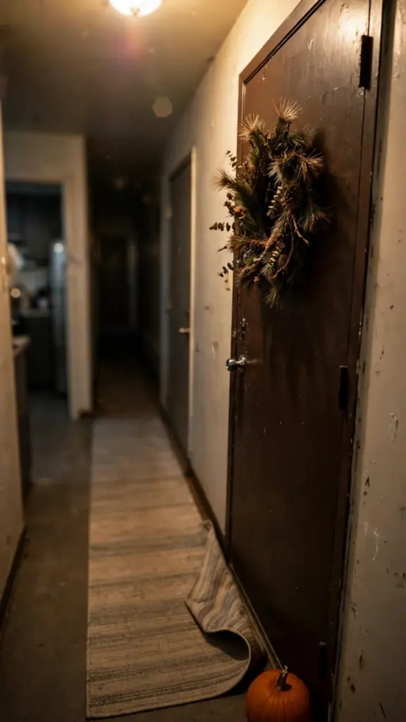 Small apartment hall with a wreath, runner, and one pumpkin