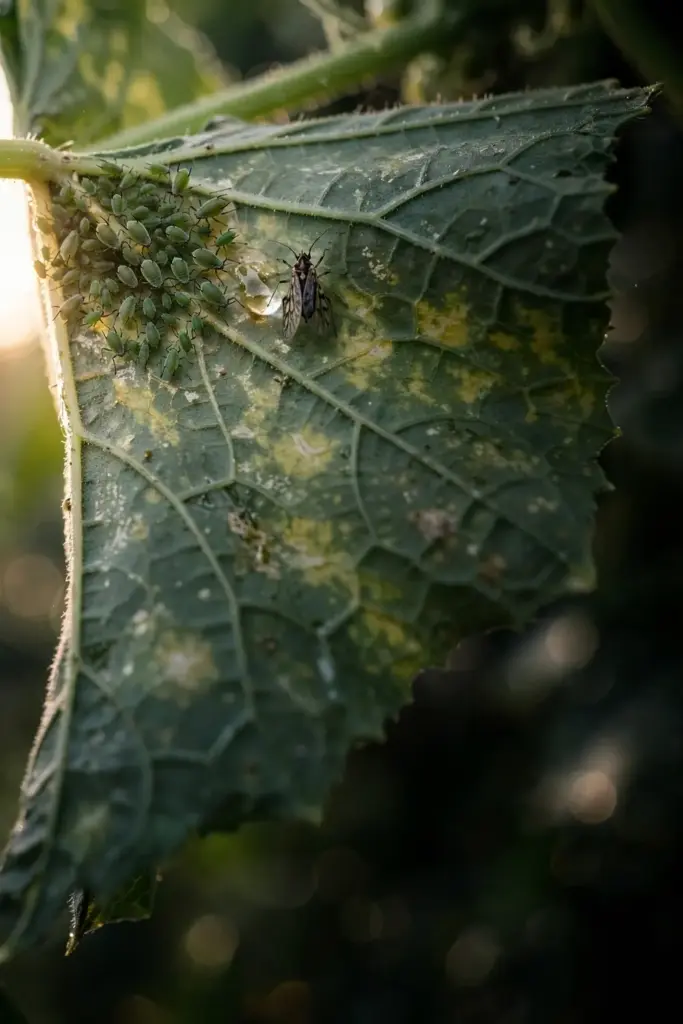 Aphid colony clustered on the underside of a cucurbit leaf.