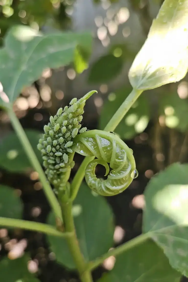 Aphids clustering on a soft new shoot with sticky leaves