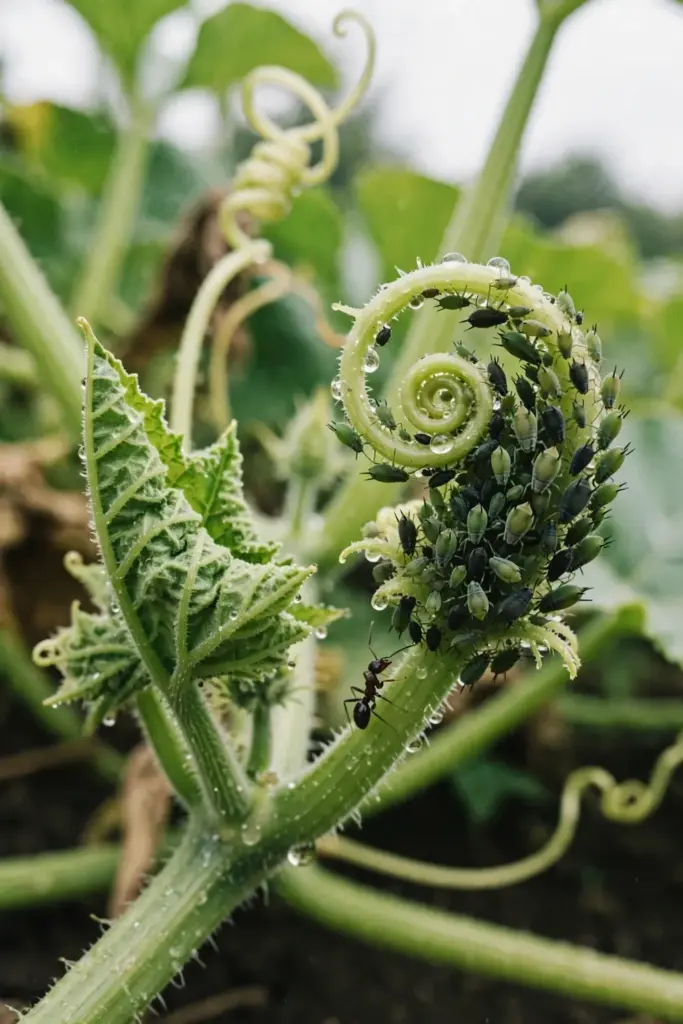 Aphid cluster on a curled pumpkin growing tip with ants nearby