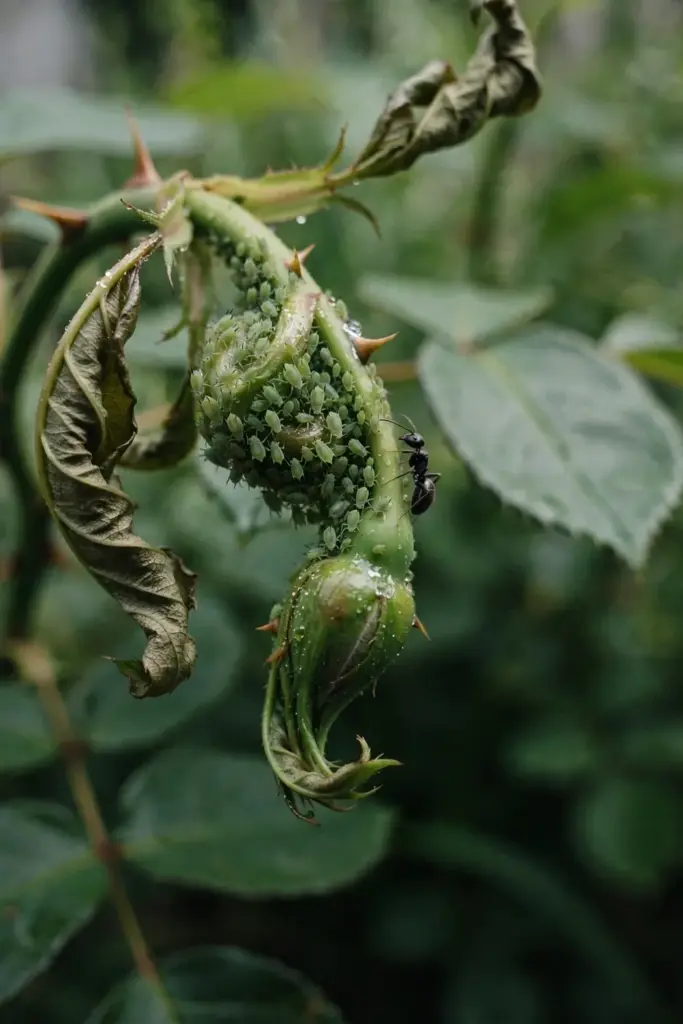 Aphid cluster on a curled rose shoot with ants and sticky honeydew