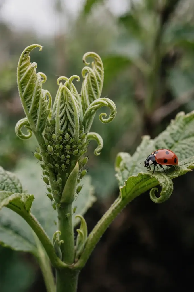 Aphids on a shoot tip with a ladybird nearby