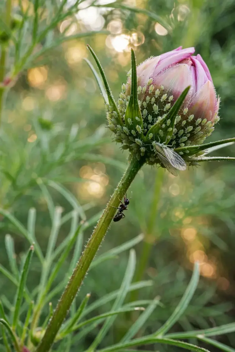 Aphids clustered on an unopened cosmos flower bud