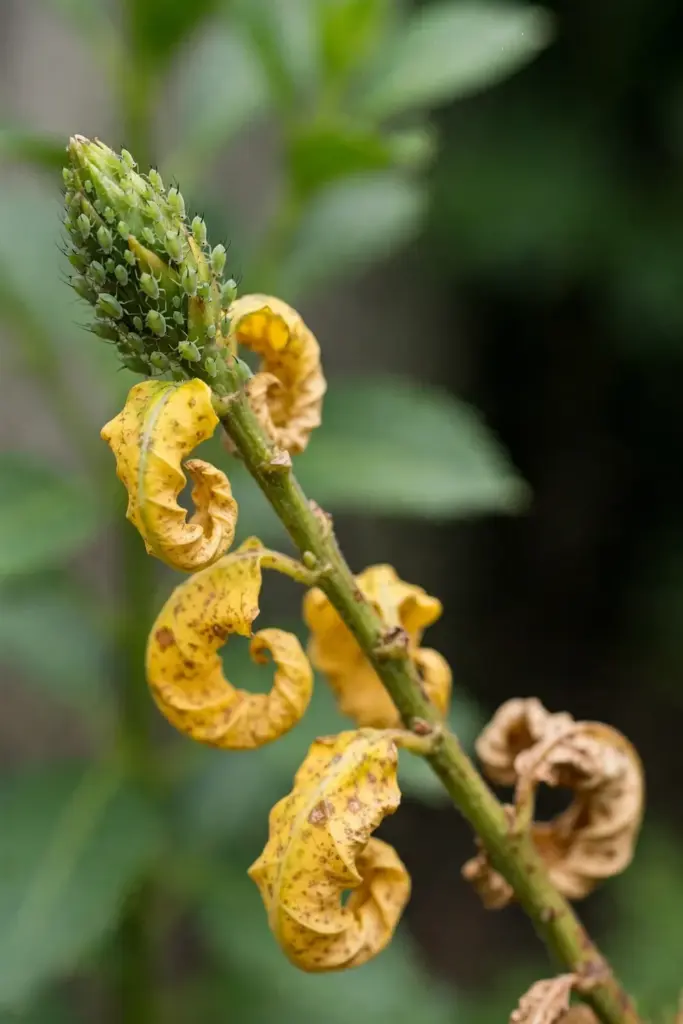 Aphids clustered on a shoot tip above yellowing leaves
