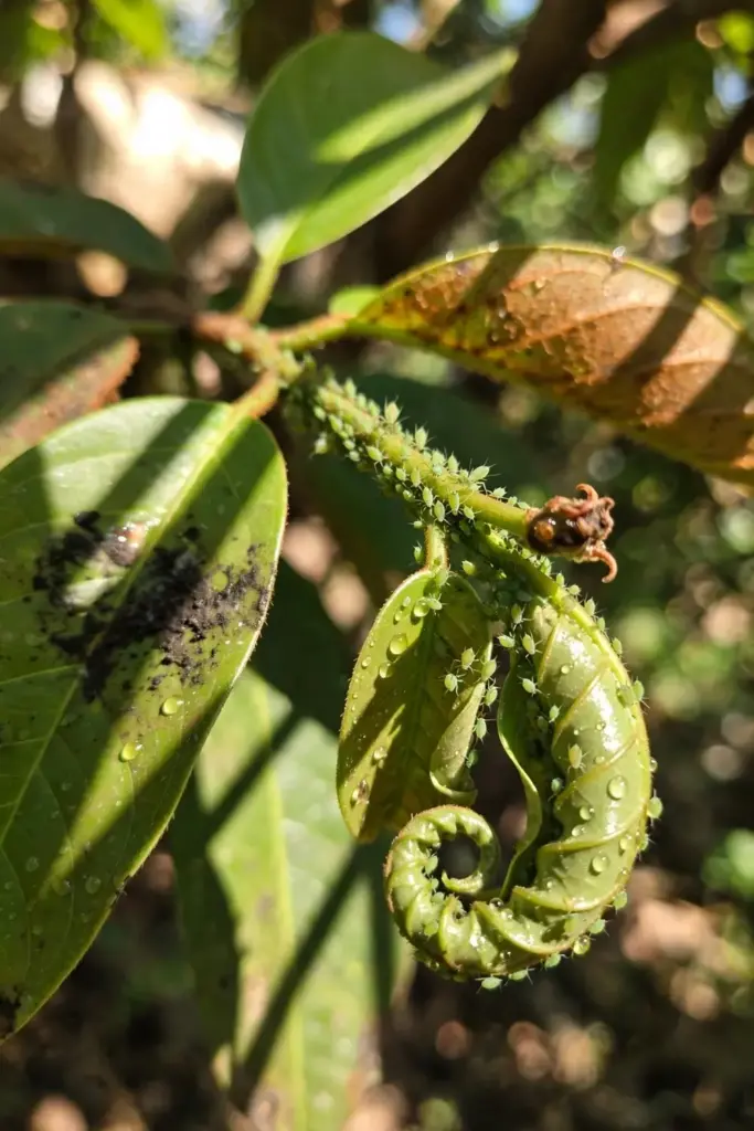 Aphids clustered on a tender star apple shoot tip