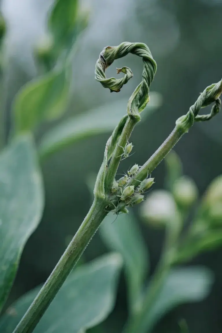 Cluster of pale green aphids on an alstroemeria stem near a leaf axil