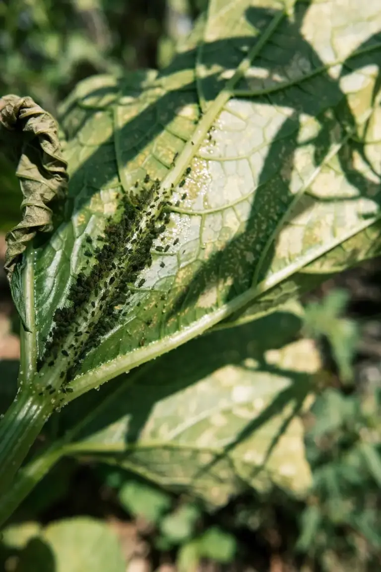 Aphid cluster on the underside of a zucchini leaf