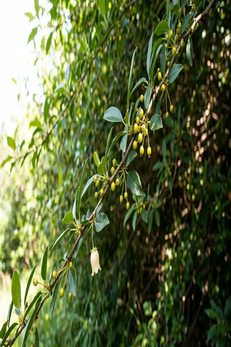 Apple berry scrambling stems with small yellow-green fruit weaving through a shrub