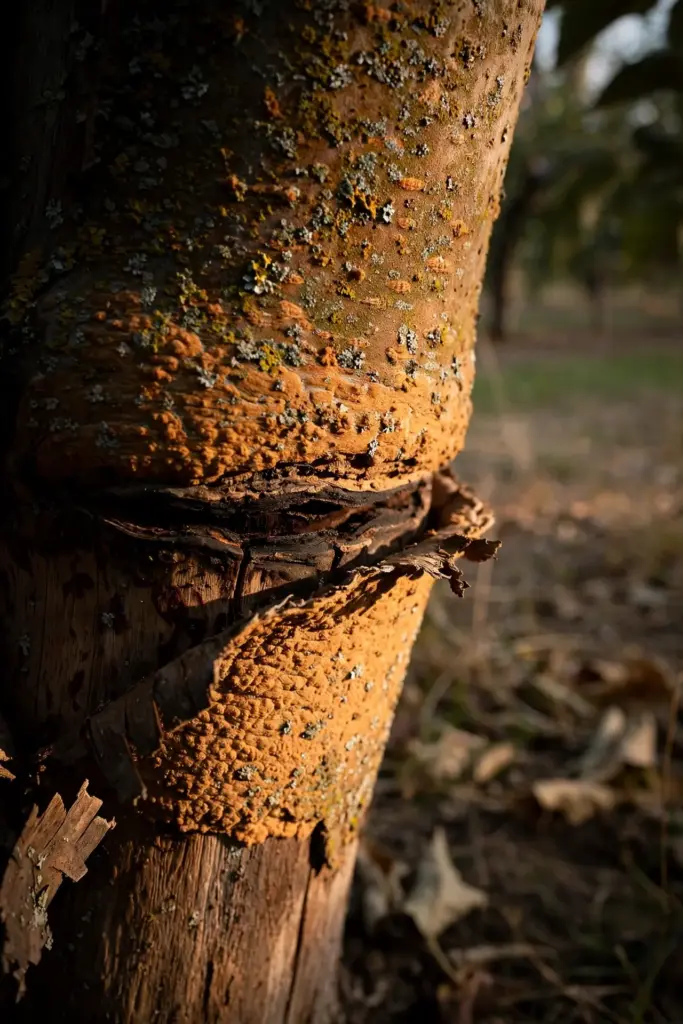 Apple tree graft union with swollen bark and dark line