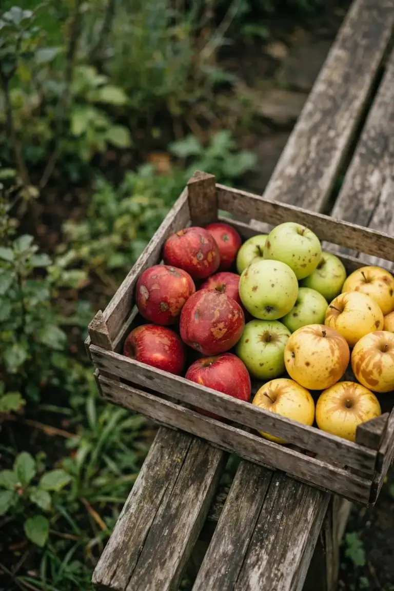 Wooden crate holding red, green, and yellow apple varieties