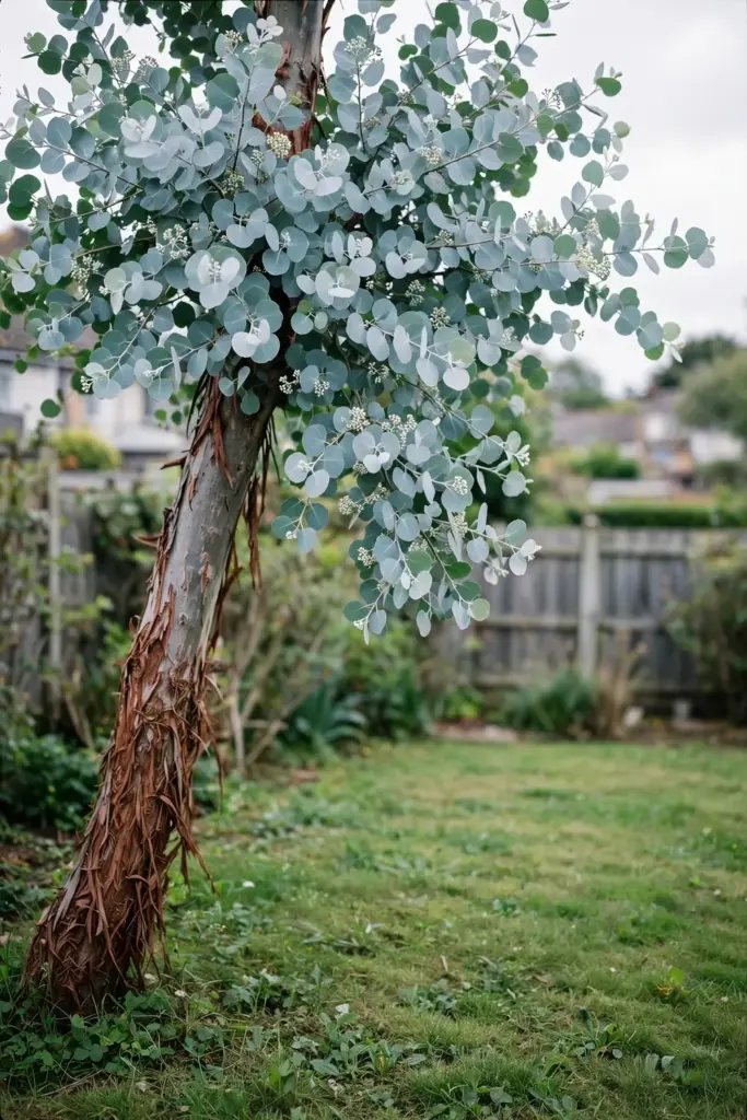 Argyle apple with a silver-blue crown and rough fibrous trunk bark