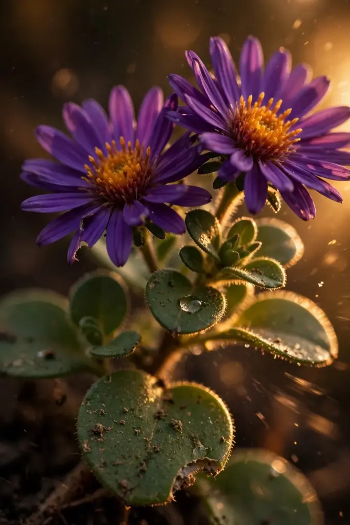Aromatic aster with balsam-scented foliage and violet blooms macro