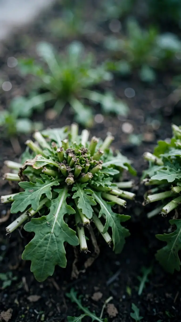 Arugula rosettes with outer leaves cut for harvest
