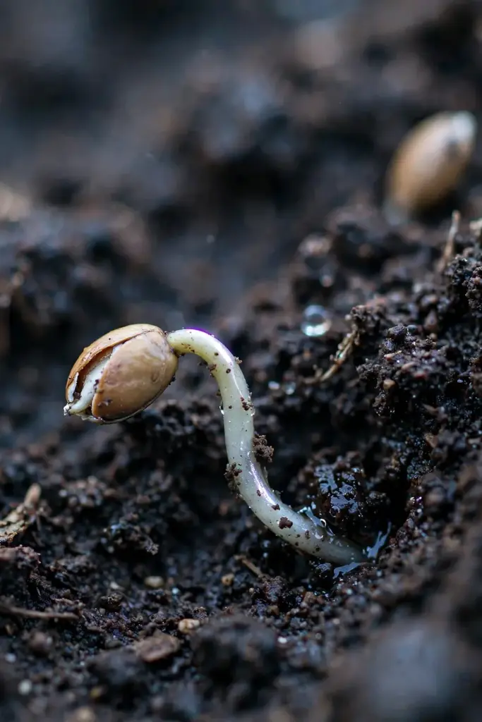 Arugula seed splitting on dark soil with a pale rootlet emerging