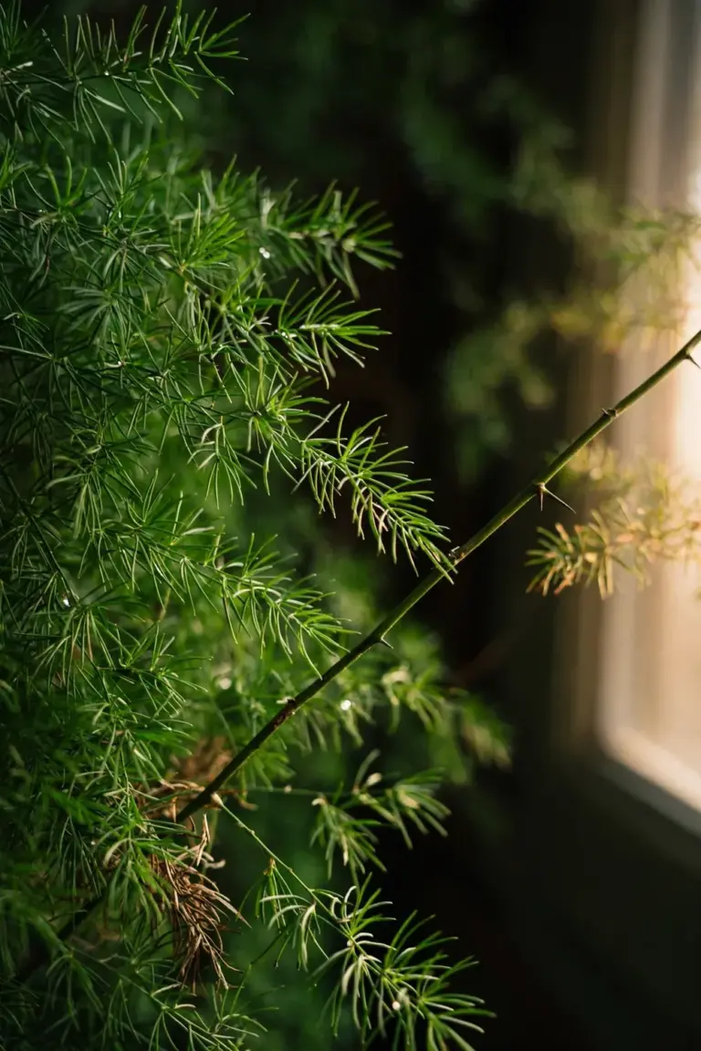 Close-up of asparagus fern cladodes showing fine needle-like sprays in flat fern-like layers