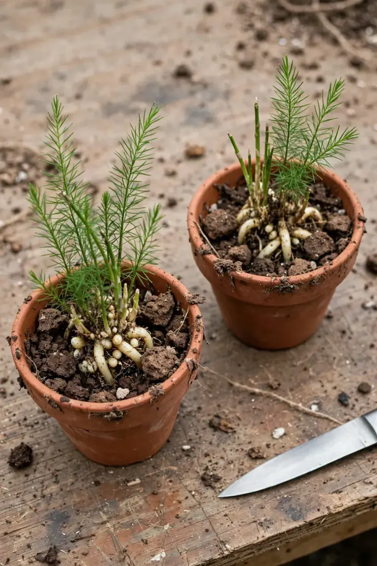 Two divided asparagus fern clumps with tuberous roots potted side by side