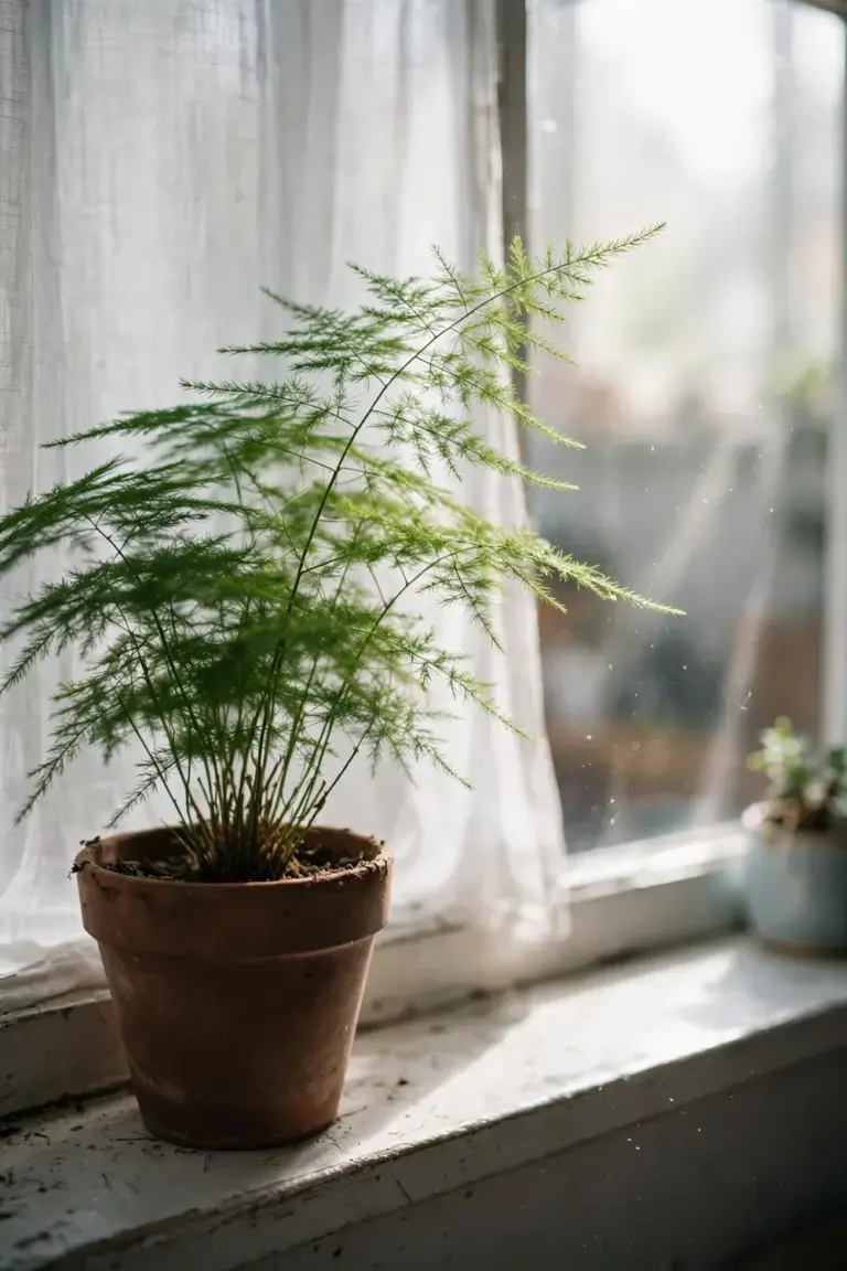 Potted asparagus fern on a sill beside an east-facing window in soft indirect daylight