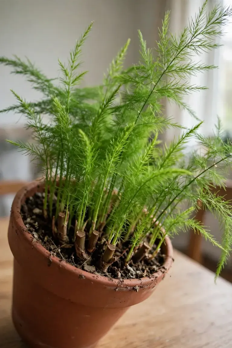Dense feathery asparagus fern sprays filling a terracotta pot after a spring prune