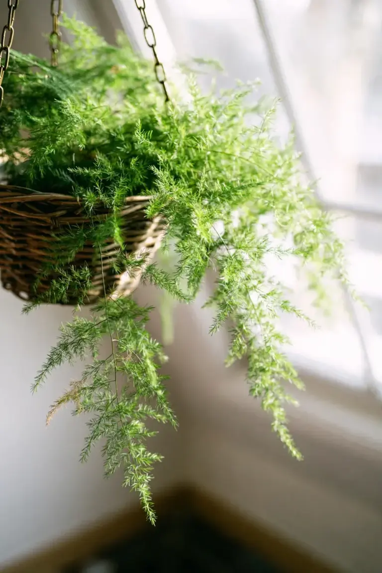 Healthy asparagus fern in a hanging basket by a bright window